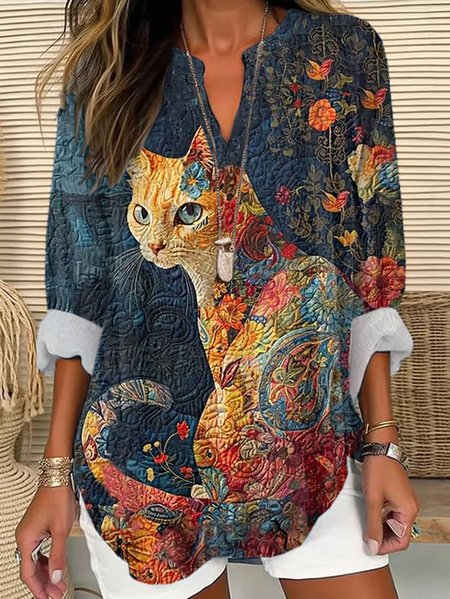 Women's Long Sleeve Shirt Spring/Fall Cat V Neck Daily Going Out Casual Top, JustFashionNow Blouses, color:Blue|size:5XL,