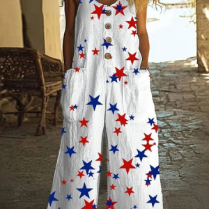 Women Star Crew Neck Sleeveless Casual Summer Cotton Jumpsuit, Jumpsuits&Rompers, color:As Picture|size:4XL, catalog Noracora shop