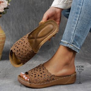 Vintage Floral Slip On Low Heel Slide Sandals, Sandals, color:Light Brown|size:43, catalog Noracora shop