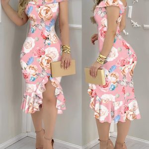 Floral Print Off Shoulder Ruffles Hem Bodycon Dress Sexy Slit Slim Fit Mid-Length Dress, women Print Dresses, ChicMe catalog
