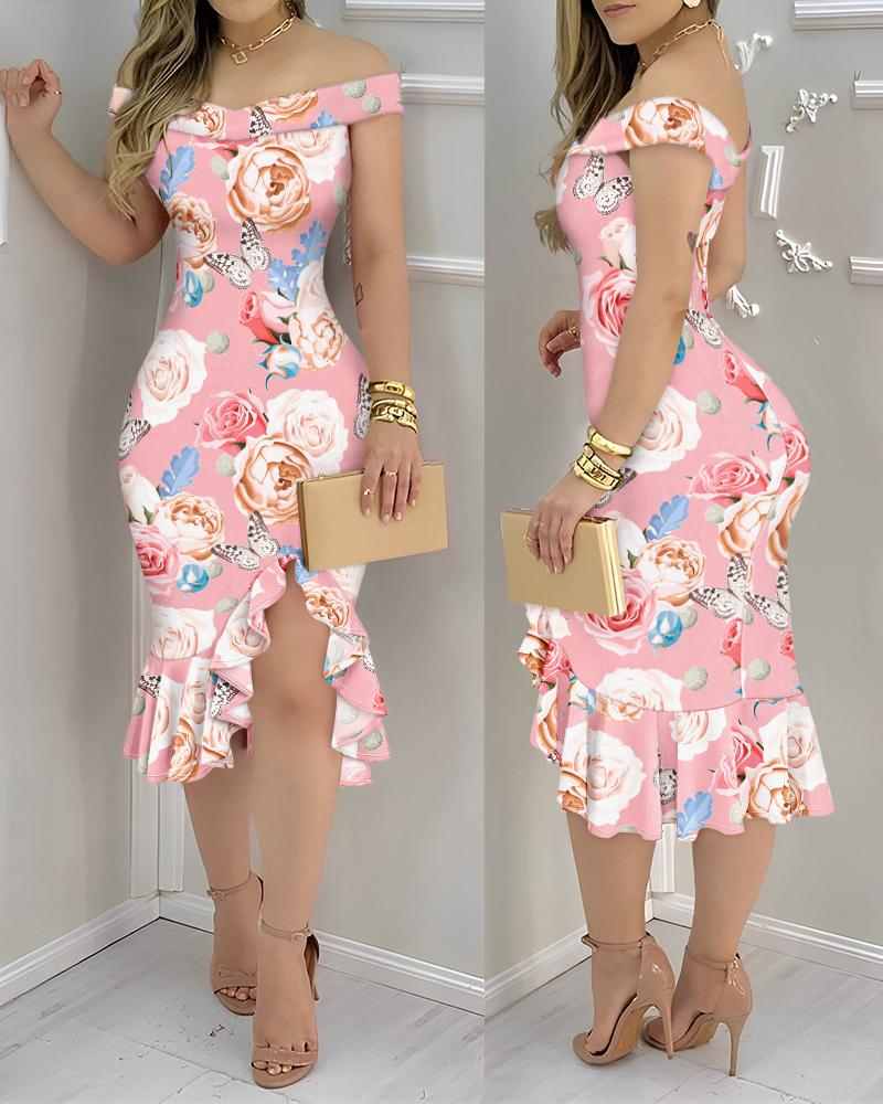 Floral Print Off Shoulder Ruffles Hem Bodycon Dress Sexy Slit Slim Fit Mid-Length Dress, women Print Dresses, ChicMe catalog