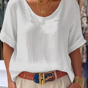 Crew Neck Short Sleeve Plain Regular Loose Tunic Blouse For Women, Blouses, color:White|size:XXL, catalog Noracora shop