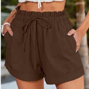 Casual Plain Natural Drawstring Straight Pants Shorts, Shorts, color:Coffee|size:3XL, catalog Noracora shop
