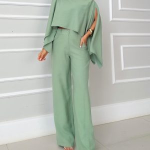 3 Pieces Outfit Cold Shoulder Slit Cloak Sleeve Asymmetrical Hem Convertible Top and Casual Zipper Fly Elastic Back Waist Pants Set With Bandeau, women Two-piece Sets, ChicMe catalog