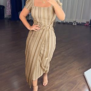Textured Striped Square Neck Puff Sleeve Wrap Hem Work Dress Tied Detail Cinched Waist Maxi Dress, women Work Dresses, ChicMe catalog
