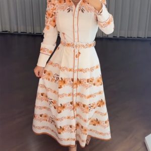Floral Placement Print Turn-down Collar Puff Sleeve Vacation Dress Casual Button Down Cinched Waist Commuting Dress with Belt, women Print Dresses, ChicMe catalog