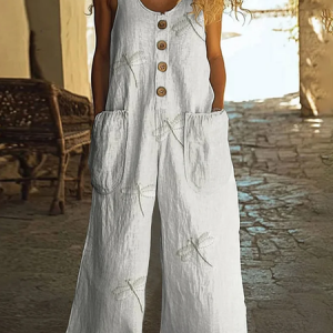 Women Dragonfly Crew Neck Sleeveless Casual Summer Jumpsuit, JustFashionNow Jumpsuits＆Rompers, color:White|size:4XL,