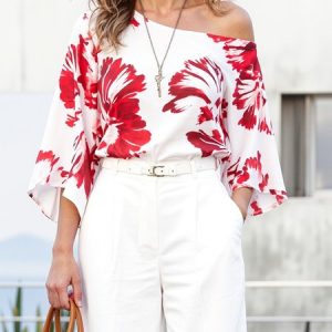 Urban Floral Printing One Shoulder Raglan Sleeves Blouse, Blouses and Shirts, color:As Picture|size:XXL, Stylewe