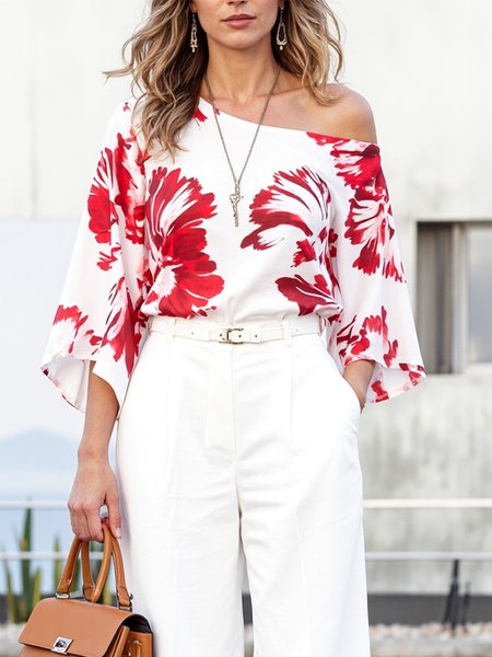 Urban Floral Printing One Shoulder Raglan Sleeves Blouse, Blouses and Shirts, color:As Picture|size:XXL, Stylewe