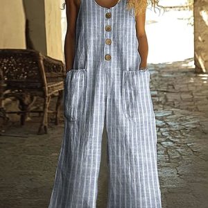 Women Plain Crew Neck Sleeveless Casual Summer Cotton Jumpsuit, Jumpsuits&Rompers, color:Light Blue|size:4XL, catalog Noracora shop