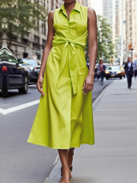 Urban Plain Maxi Shirt Dress Belt, Midi Dresses, color:As Picture|size:XXL, Stylewe