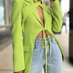 Casual Lace-up Plain Lapel Collar Blazer, Blazers, color:Green|size:XXL, Stylewe