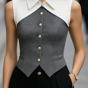 Urban Contrast Stitching Split Joint Shawl Collar Tank Top, Tanks and Camis, color:As Picture|size:XXL, Stylewe
