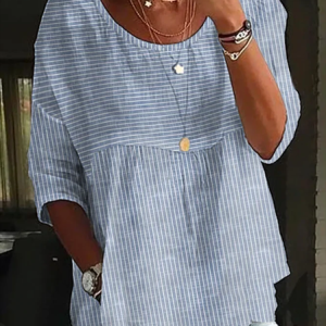Crew Neck Half Sleeve Striped Printing Regular Micro-Elasticity Regular Fit Shirt For Women, Blouses, color:Blue|size:4XL, catalog Noracora shop