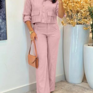 Turn-down Collar Blouse and Causal Wide Leg Pants Set, women Two-piece Sets, ChicMe catalog