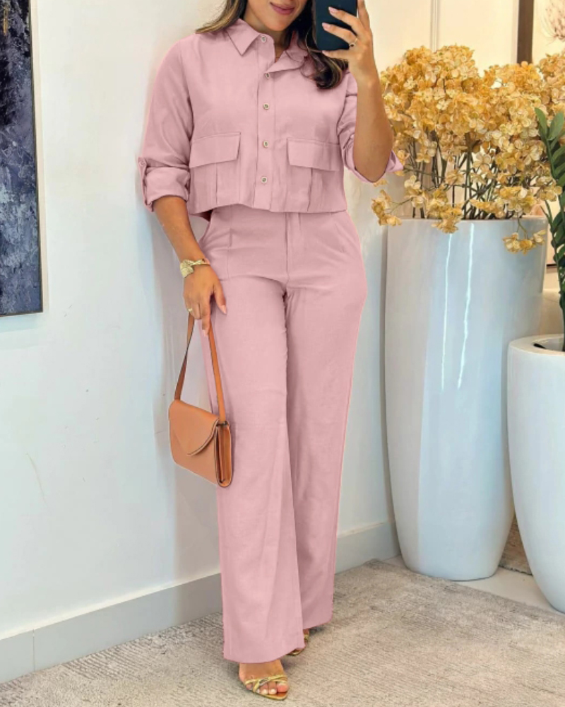 2 Pieces Outfit Turn-down Collar Turn-Up Sleeves Button Front Flap Pockets Design Top and Causal Zipper Fly Elastic Back Waist Wide Leg Pants Set, women Two-piece Sets, ChicMe catalog - Image 5