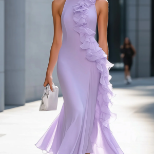 Elegant Plain Ruched Stand Collar Maxi Dress, Midi Dresses, color:Purple|size:XXL, Stylewe