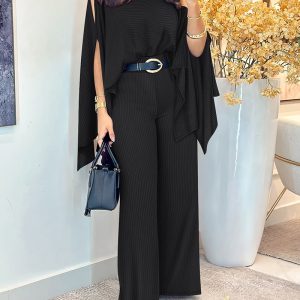 Boat Neck Batwing Sleeve Asymmetrical Hem Ribbed Top and Casual Wide Leg Pants Set, women Two-piece Sets, ChicMe catalog