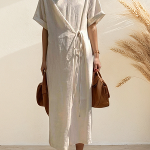 STYLE WE x CHILLINEN |Linen Plain Crew Neck Maxi Dress, Midi Dresses, color:White|size:XL, Stylewe