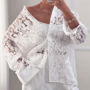 Turn-down Collar Long Sleeve Sheer Lace Blouse, women Blouses & Shirts, ChicMe catalog
