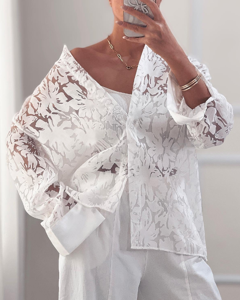Turn-down Collar Long Sleeve Sheer Lace Blouse, women Blouses & Shirts, ChicMe catalog