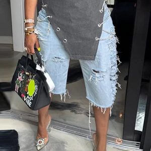 Plain Casual Denim Distressed Shorts, Denim Shorts, color:Blue|size:XXL, Stylewe