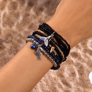 Ins Style Bohemian Beach Vacation Summer Shell Turtle Fishtail Rice Beads Multi-layer Stacking Bracelet Set, Bracelet Set, color:Black|size:One-size, catalog Noracora shop
