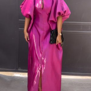Elegant Plain Balloon Sleeve Stand Collar Maxi Dress, Maxi Dresses, color:Deep Pink|size:XXL, Stylewe