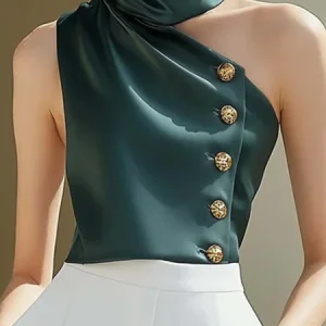 Urban Plain Buttoned Stand Collar Tank Top, Tanks and Camis, color:Green|size:XXL, Stylewe