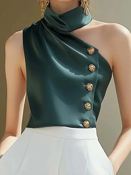 Urban Plain Buttoned Stand Collar Tank Top, Tanks and Camis, color:Green|size:XXL, Stylewe