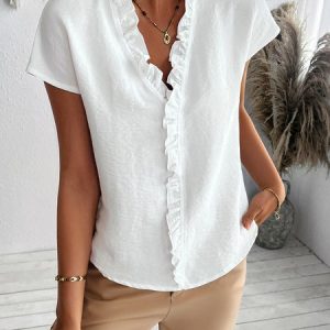 Shirt Collar Short Sleeve Plain Regular Micro-Elasticity Regular Fit Shirt For Women, Shirts, color:White|size:XL, catalog Noracora shop