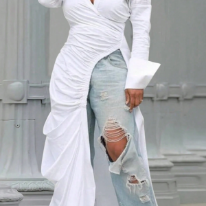 Casual Plain Gathered Shirt, Blouses and Shirts, color:White|size:XXL, Stylewe