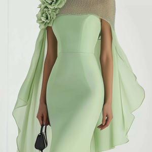 Elegant 3D Floral Sheath Knee Length Dress with Cape Sleeves, Mini Dresses, color:Green|size:XXL, Stylewe