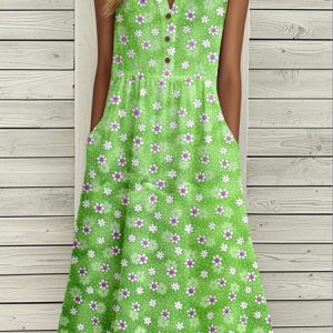 Women Floral Summer Buckle Dress Notched Sleeveless Tank A-Line Dress, Dresses, color:Green|size:XXL, catalog Noracora shop