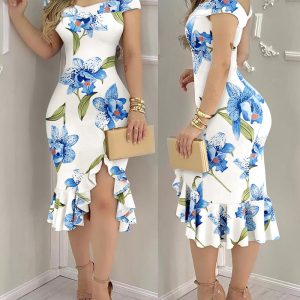 Floral Print Off Shoulder Bodycon Dress Asymmetrical Ruffle Hem Party Dress, women Print Dresses, ChicMe catalog