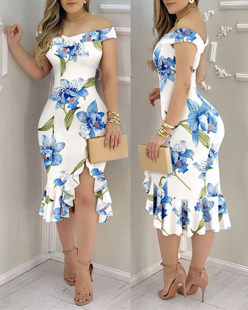 Floral Print Off Shoulder Bodycon Dress Asymmetrical Ruffle Hem Party Dress, women Print Dresses, ChicMe catalog