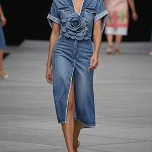 Denim Urban Color Block Dolman Sleeve 3D Floral Boat Neck Midi Dress, Midi Dresses, color:Denim Blue|size:XXL, Stylewe