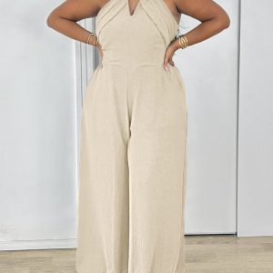 Plus Halter Sleeveless Backless Jumpsuit with Pocket, women Jumpsuits&Rompers, ChicMe catalog