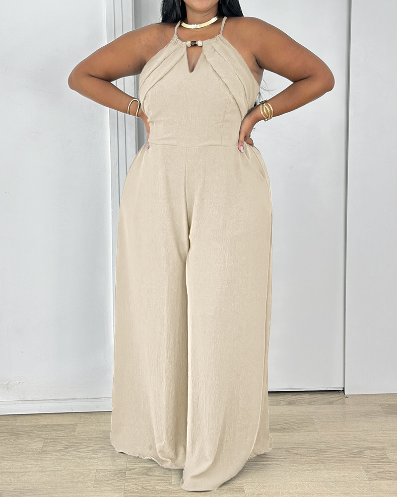 Plus Halter Sleeveless Backless Jumpsuit with Pocket, women Jumpsuits&Rompers, ChicMe catalog