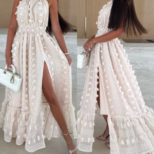 Halter 3D Flower Mesh Slit Evening Dress Backless Shirred Ruffle Hem Double Layer Maxi Dress, women Midi Dresses, ChicMe catalog