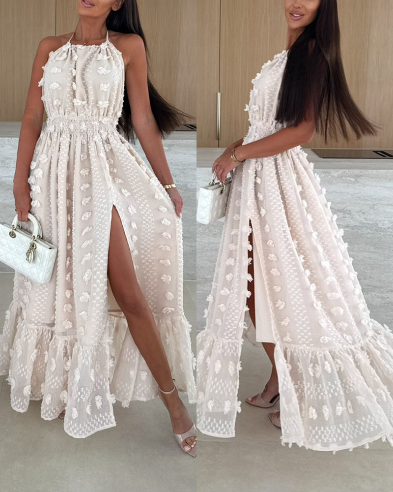 Halter 3D Flower Mesh Slit Evening Dress Backless Shirred Ruffle Hem Double Layer Maxi Dress, women Midi Dresses, ChicMe catalog