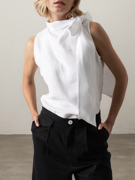 STYLE WE x CHILLINEN | Linen Plain Crew Neck Tank Top, Tanks and Camis, color:White|size:XXL, Stylewe