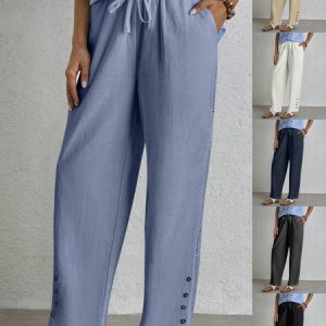 Women Plain Long Elastic Waist Pants Casual Spring/Fall Trousers, JustFashionNow Pants, color:Denim Blue|size:XXL,