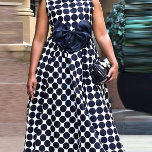 Elegant Polka Dots Bow Midi Dress, Midi Dresses, color:Black|size:XXL, Stylewe