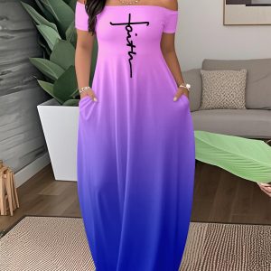 Faith Print Tie Dye Off the Shoulder Short Sleeve Elegant Maxi Dress with Pocket, women Maxi Dresses, ChicMe catalog