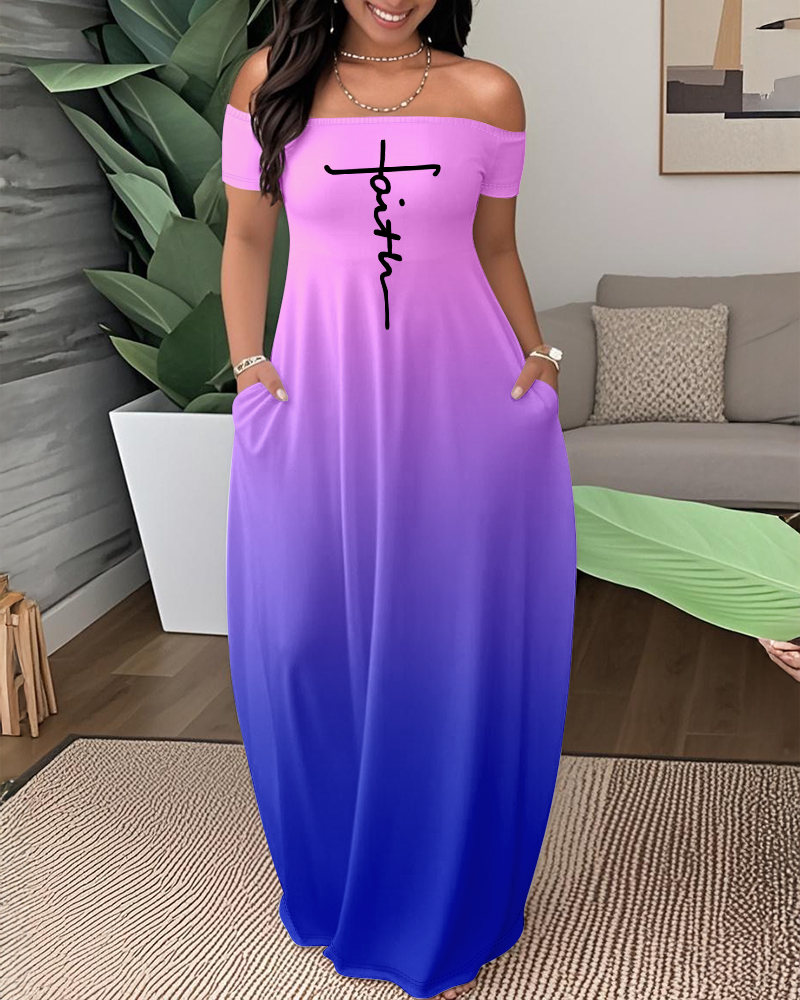 Faith Print Tie Dye Off the Shoulder Short Sleeve Elegant Maxi Dress with Pocket, women Maxi Dresses, ChicMe catalog