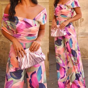 Plants Print Criss Cross Cold Shoulder Ruched Jumpsuit Casual Waist Wide Leg Romper, women Jumpsuits, ChicMe catalog