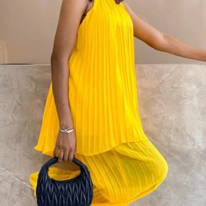 Vacation Plain Pleated Halter Tank Top, Tanks and Camis, color:Yellow|size:XXL, Stylewe