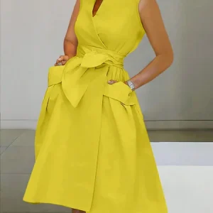 Urban Plain Buttoned Knee Length Dress With Belt, Midi Dresses, color:Yellow|size:XXL, Stylewe