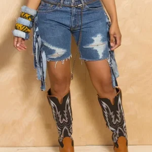 Casual Distressing Denim Short, Denim Shorts, color:Denim Blue|size:XXL, Stylewe